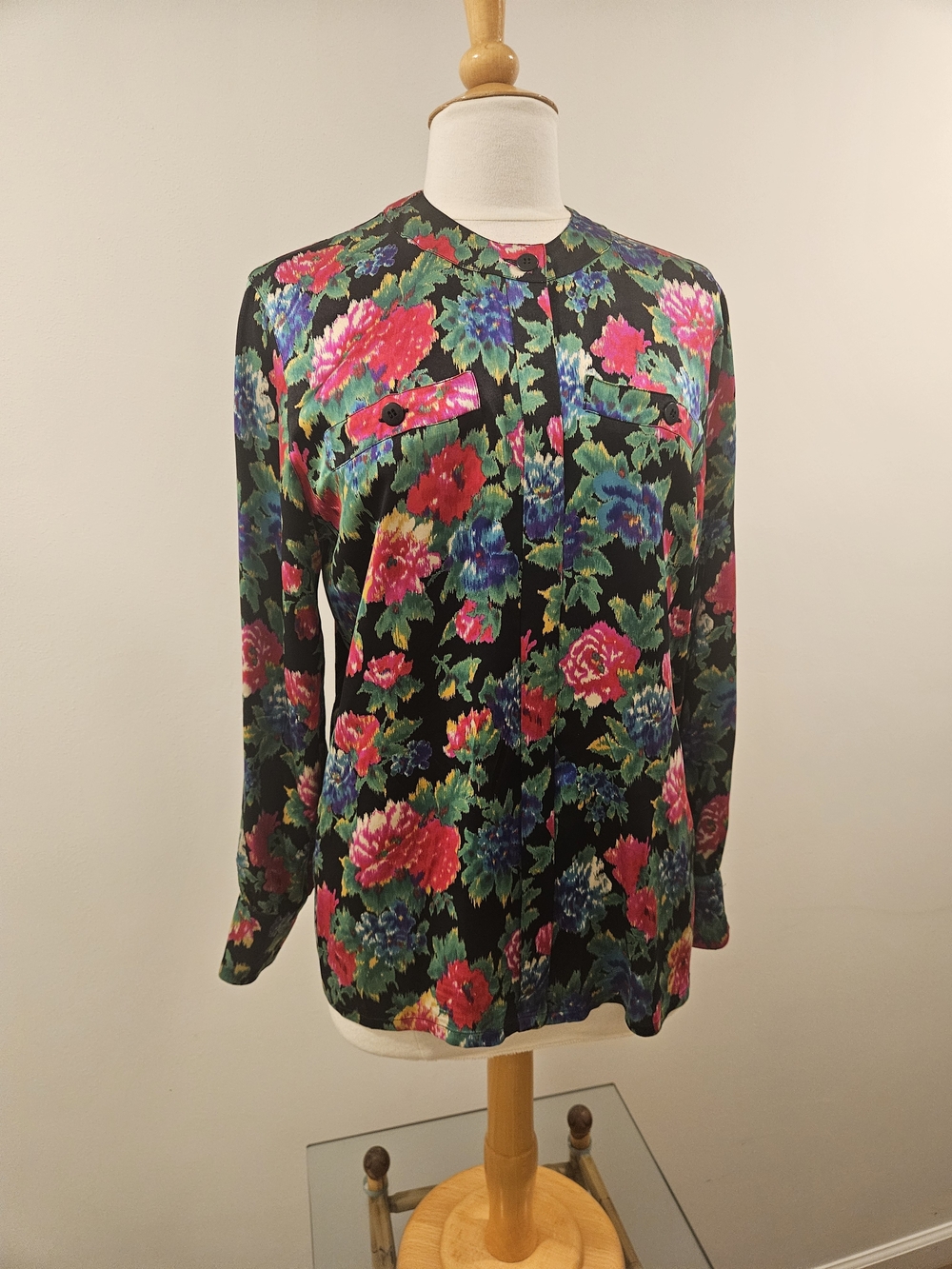 Escada Silk Vintage Women's Top - Black with Pink & Blue Flowers Size 38